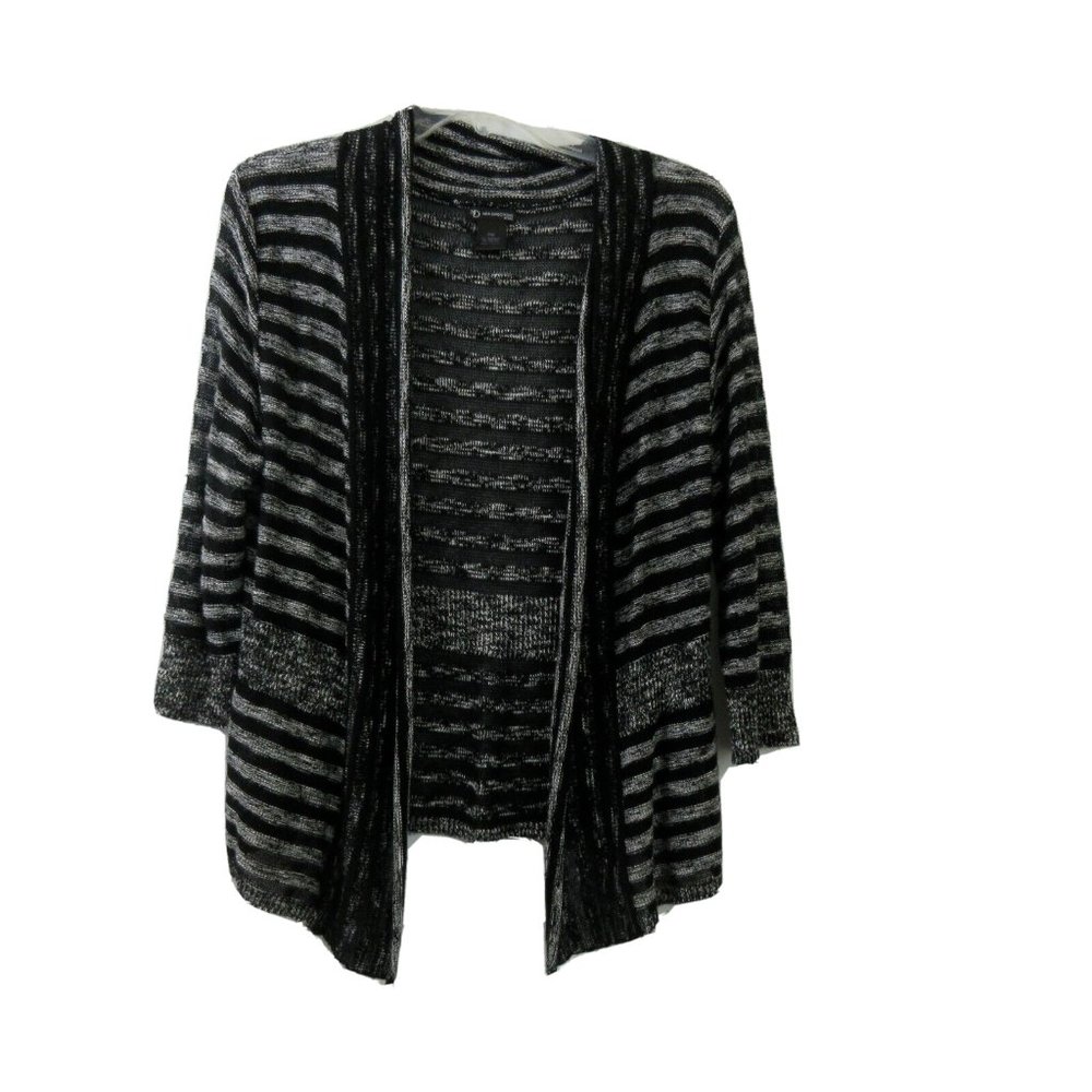 New Directions Petite PM Open Front Cardigan Black White Striped 3/4 Sleeve Knit